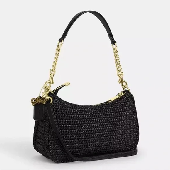 🖤Coach NWT Teri Black Woven Shoulder Bag with crossbody Gold Hardware &Bow Charm - Picture 2 of 7